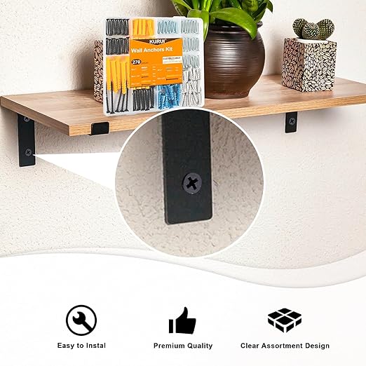 KURUI Wall Anchors Kit for Hanging Wall Art Decor, 270Pcs Picture Hangers Assortment Kit for Drywall Concrete Brick, 135 Screws and 135 Drywall Anchors,Replace Picture Hanging Nails for Frame Tapestry