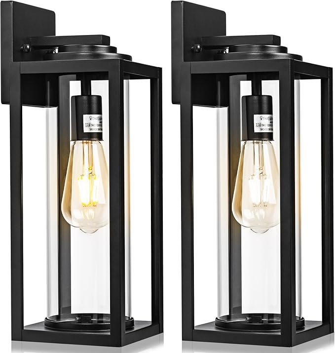 20inch Large Outdoor Wall Lights - 2 Packs Modern Black Exterior Light Fixture with Clear Glass Shade, Waterproof Porch Lighting for House, Farmhouse Sconces Lantern for Front Door, Garage