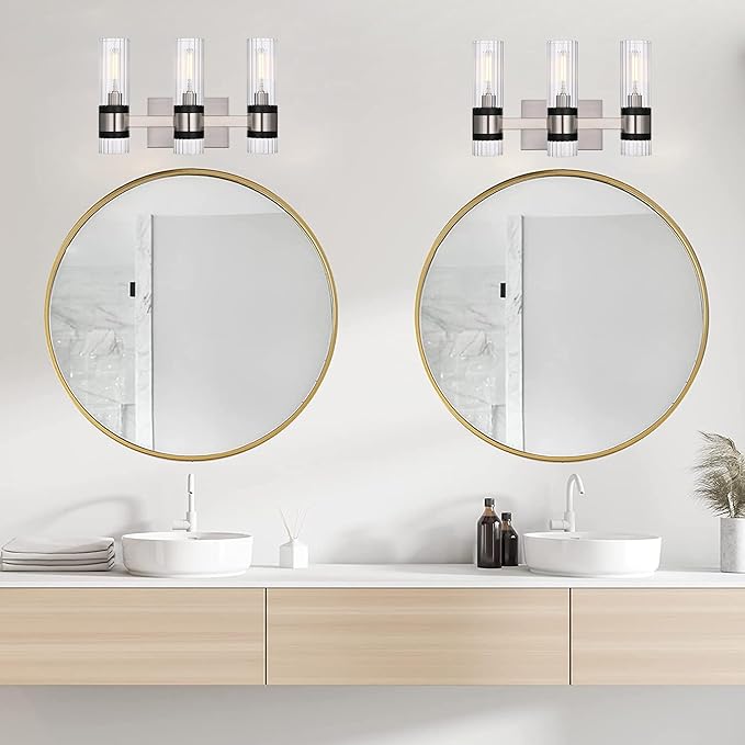 MELUCEE 3-Light Bathroom Light Fixtures Brushed Nickel, Farmhouse Vanity Lighting with Ribbed Clear Glass Shade Bathroom Bar Light Fixtures for Kitchen Bedroom Hallway, E12 Base