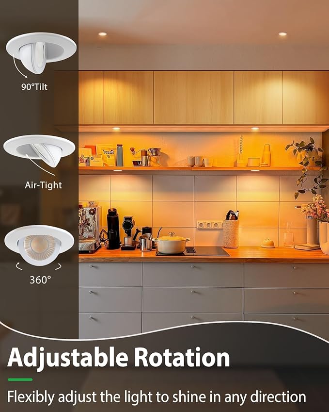 zouzai 2 Inch Adjustable Mini LED Gimbal Light, 5CCT Selectable, 360° Rotation & 90° Tilt for Precise Lighting, Accent or Ambient Illumination in Kitchen, Living Room, Cabinet (White, 1 Pack)