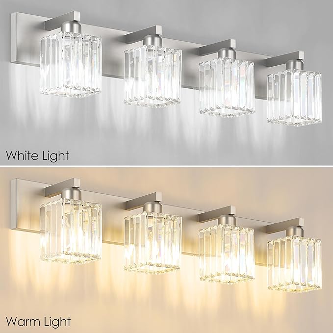 Aipsun Brushed Nickel Bathroom Lighting Fixtures 4 Light Crystal Modern Bathroom Vanity Light (Exclude Bulb)