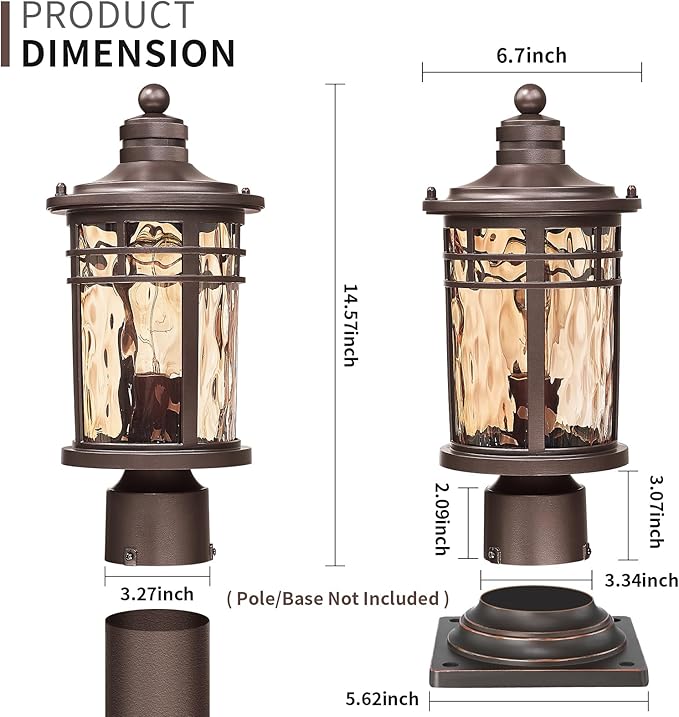 Darkaway Outdoor Post Light,2pcs Lamp Post Light Fixture, Waterproof Aluminum Housing with Amber Ripple Glass for Garden Patio Pathway Entry