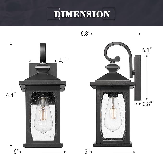 zeyu 2 Pack Outdoor Wall Sconces, 14.4 Inch Farmhouse Outdoor Porch Lights Wall Mount with Seeded Glass, Die-Cast Aluminum, Black Finish, ZD99B-2PK BK