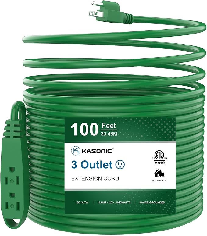 K KASONIC - 100-Feet 3 Outlet Extension Cord, UL Listed, 16/3 SJTW 3-Wire Grounded, 10 Amp 125 V 1625 Watts, Multi-Outlet Indoor/Outdoor Use, Green