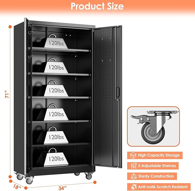 Garage Storage Cabinet with Wheels & Pegboard, 71" H×34" W×18" D Locking Metal Storage Cabinet with 2 Doors and 5 Adjustable Shelves for Garage Home, Assembly Required, Black