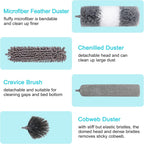 12pcs Microfiber Dusters, Duster with Extension Pole(Stainless Steel) 30 to 100'', Washable Dusters, Bendable Extendable Long Feather Duster for Cleaning Fan, High Ceiling, Blinds, Furniture, Cars