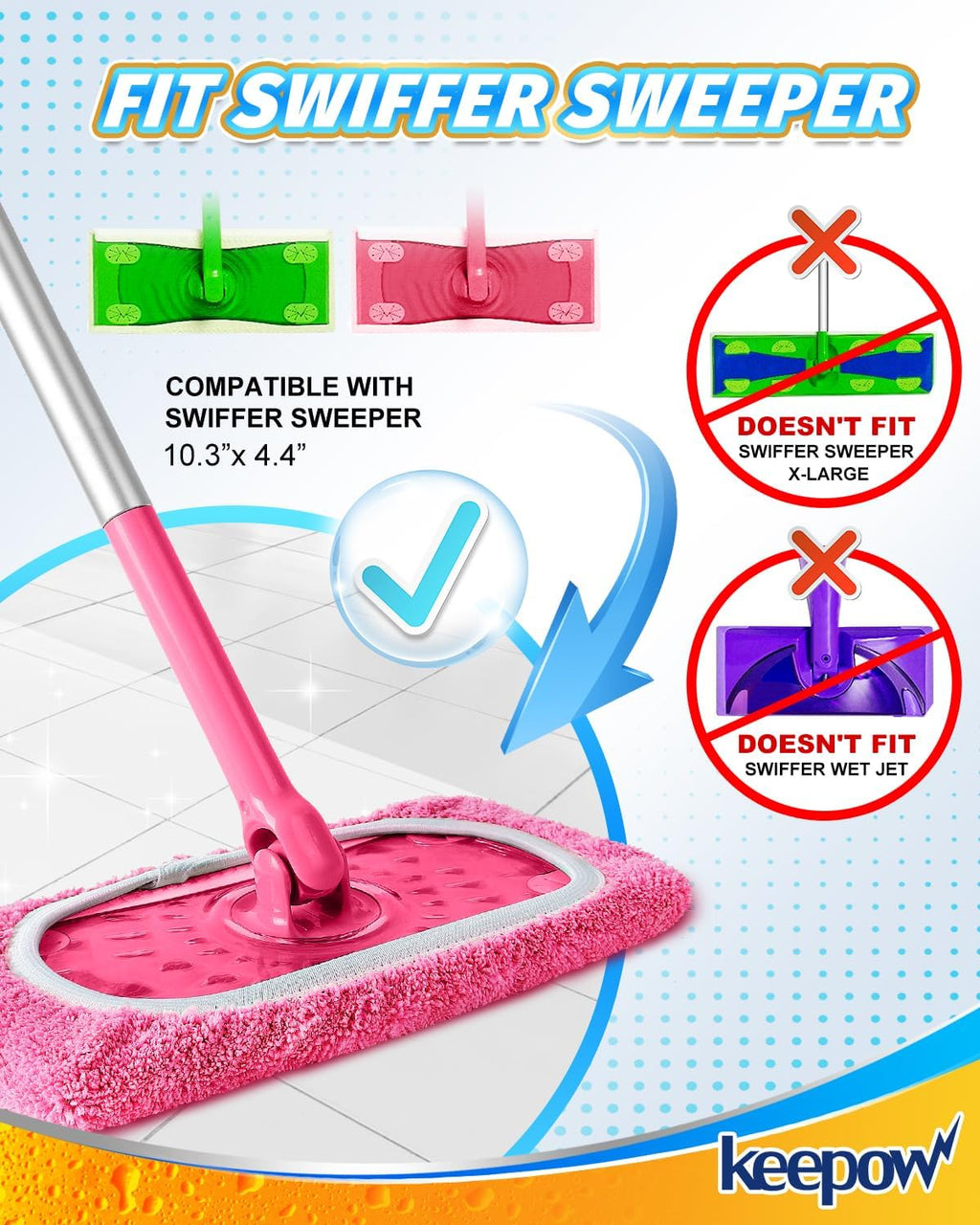 KEEPOW 4 Pack Reusable Mop Pads Compatible with Swiffer Sweeper, Microfiber Washable Pink Swiffer Mop Pads, Dry & Wet Sweeping Mopping Cloths (Pink)