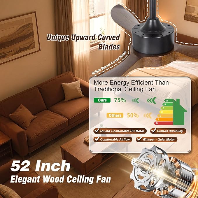 52inch Brown Wood Ceiling Fan with Light and Remote, Silent DC Motor,6 Speed Levels, Dimmable Lights, 3 Blade Modern Ceiling Fans for Living Room Bedroom Farmhouse Patio,Indoor Outdoor Ceiling Fans