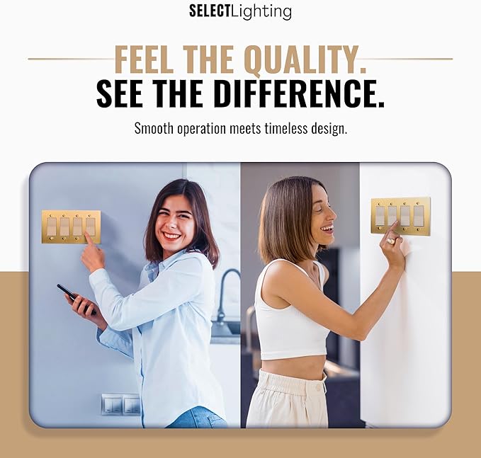 4-Gang Satin Brass Wall Plate, Electrical Receptacle Wall Outlet Faceplate, GFI/Rocker Decorator Light Switch Cover