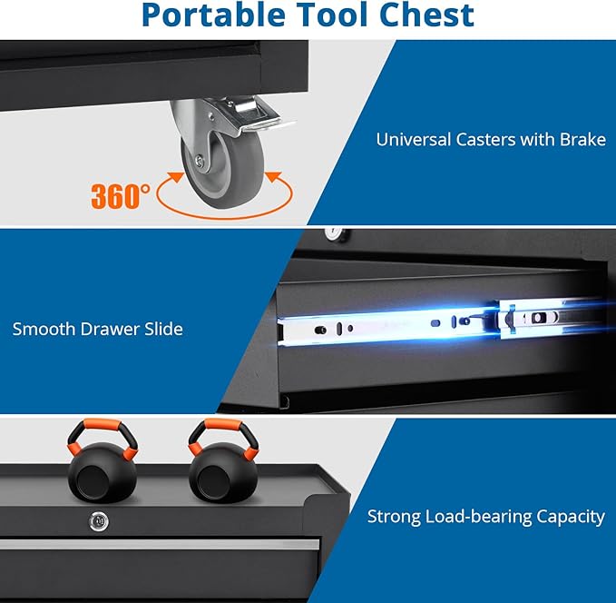 Garvee Rolling Tool Chest, 5 Drawers Tool Storage Cabinet, Toolbox with Wheels, Portable Tool Cabinet Organizer with Locking System & Drawer Liners, Tool Storage Cart for Garage, Workshop, Black
