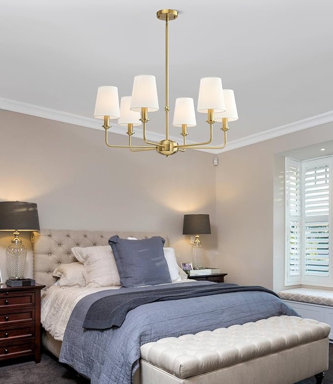 6-Light Brushed Gold Pendant Chandelier with White Linen Shades, E12 Base - Farmhouse & Industrial Style for Kitchen, Living Room, Dining Room, or Bedroom Lighting