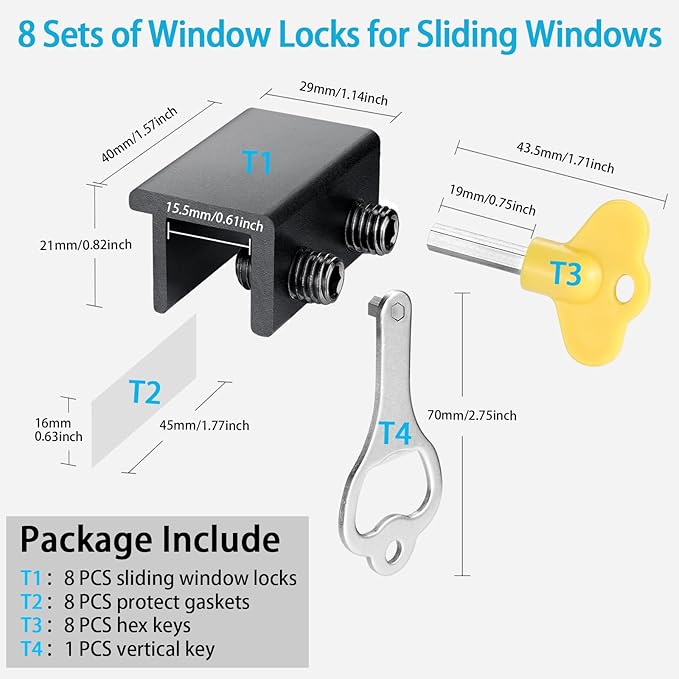 ZRFCXE Window Locks,8 Pack Sliding Window Locks with Key for Vertical & Horizontal Sliding Windows Doors,Easv to Install,Adjustable Security Window Lock for Patio Bedroom Home and Office (Black)