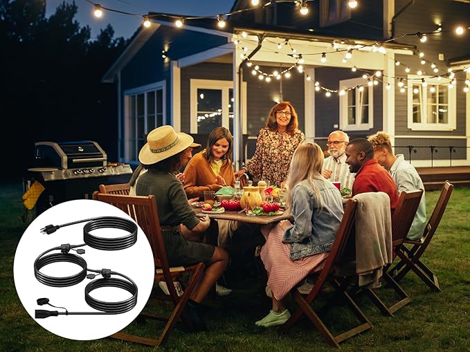 25Ft Outdoor Extension Cord - Evenly Spaced 3 Outlets Plugs with Safety Cover, 16/3 SJTW Weatherproof Multi Outlet Extension Cord for Landscape, Halloween, Holiday Decor, ETL Listed (Black)