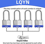 Padlocks with Same Key, LQYN 100 Pcs Laminated Keyed Padlock (1-9/16", 40mm), Keyed Alike Locks, Long Shackle, for Storage Locker, Hasp Latch, Toolbox, Sheds