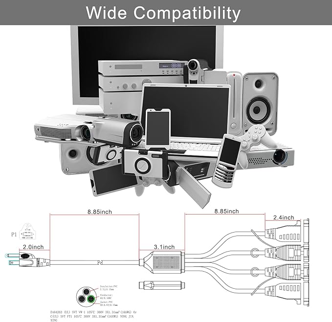 KUNCAN 4-Outlet Power Splitter Cord - 3 Prong 1 to 4 Way Male to Female Multi Plug Adapter, 1.5FT 16AWG 13A Y Style Extension Cord with Outlet Cover for Computer, LED Stage Light (Black 1-Pack)