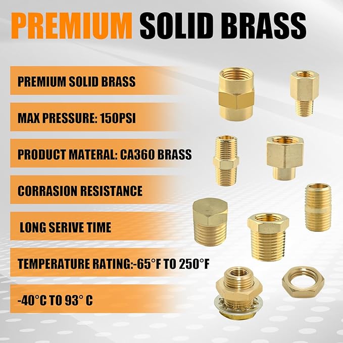 95PCS Brass Pipe Fittings Assortment Kit NPT Adapter,Hex Nipple,Hex Coupling,Reducer Bushing,Reducer Busing, Close Nipple, Hex Head Plug,BulkHead Nut&Bulk Head NPT Fittings Kits