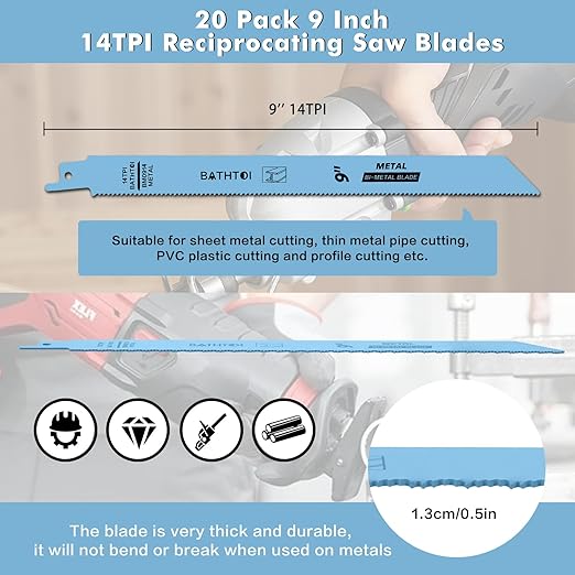 20 Pack 9 Inch 14 Tpi Reciprocating Saw Blades for Sheet Metal, Pipes, PVC Plastic, Profiles Cutting, Bi-Metal Sawzall Blades with 8% Cobalt for Longer Life and Faster Cutting Speed