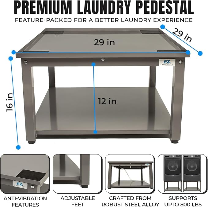 Washer and Dryer Pedestals - 29" W, 16" H, Gray Steel Universal Fit with Major Brands, Leak-Proof Laundry Pedestal with Drain Pan & Hose, Washer and Dryer Stand for Back Pain Relief, 800 lbs Capacity