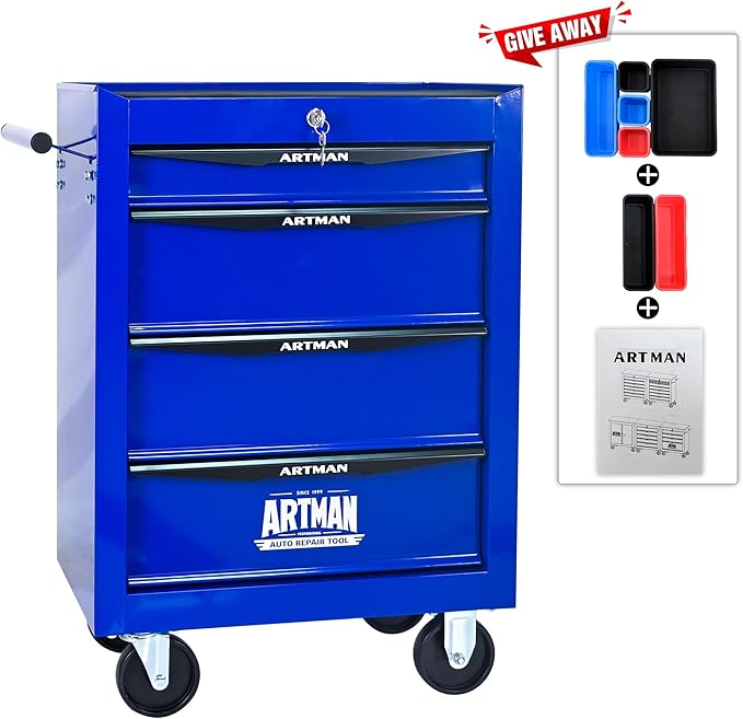 4-Drawer Steel Rolling Tool Cart with Wheels & Handle, Heavy-Duty Tool Chest Storage Cabinet for Garage and Workshop