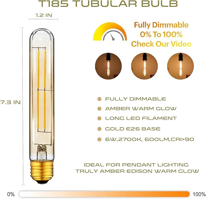 T10 Dimmable LED Tubular Bulb, Amber Long Tube Edison Light Retro Bulb, 6W, 60W Equivalent, Warm White 2700K, E26 Medium Base, Pendant Lighting Wall Sconces,Vanity 6 Pack