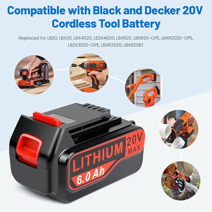 ARyee 4-Pack LBXR20 20V 6.0Ah Replacement for Black and Decker 20V Lithium Battery Compatible with LB20 LBX20 LBXR2020 LBX4020 LB2X4020 LBXR20-OPE LBX4020 LST220 Cordless Power Tools