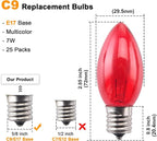 Colorful 25 Pack C9 Christmas Bulbs Replacement - Multicolor Incandescent Bulbs, Christmas Light Bulb for Holiday String Lights, Indoor/Outdoor Decorations, 7 Watt