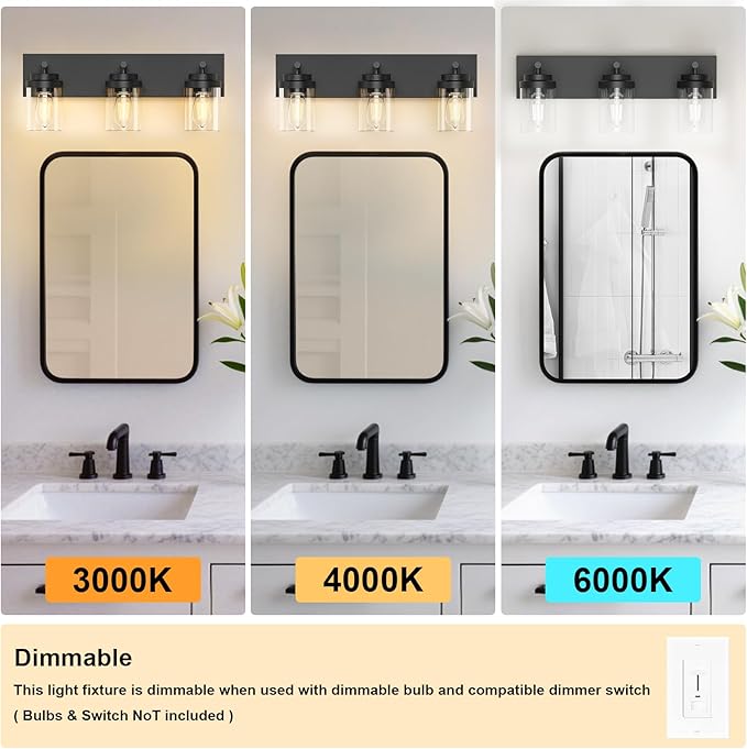 IZORRO Bathroom Vanity Light Fixture, 3-Light 22 Inch Matte Black Bathroom Light Fixtures Over Mirror, with Clear Glass Shade, Modern Farmhouse Vanity Lights, Rustic Restroom Lighting Fixtures