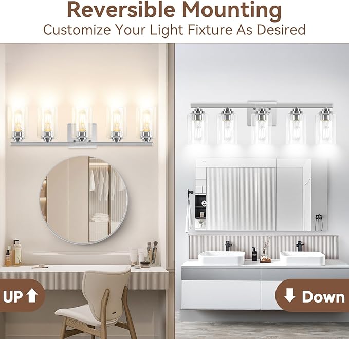 5-Light Bathroom Light Fixtures, 31" Modern Vanity Lights Over Mirror with Clear Glass Shades, Brushed Nickel Light Fixture, Classic Wall Light Fixture for Mirror Living Room Cabinet Bedroom Porch