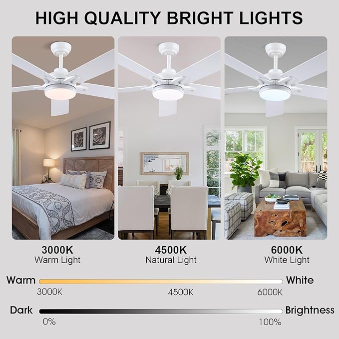 52 Inch Ceiling Fans with Lights and Remote/APP Control, Modern Ceiling Fan with RGB Lights for Bedroom Living Room Patio Porch Outdoor, Reversible Quiet Motor, 5 Wood Blades, White
