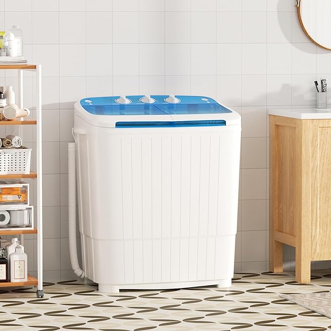 Greenvelly Portable Washing Machine, 16 Lbs Compact Mini Washer and Dryer Combo, Semi-automatic Twin Tub Washer with Drain Pump for Dorms, Apartments, RVs (Blue)