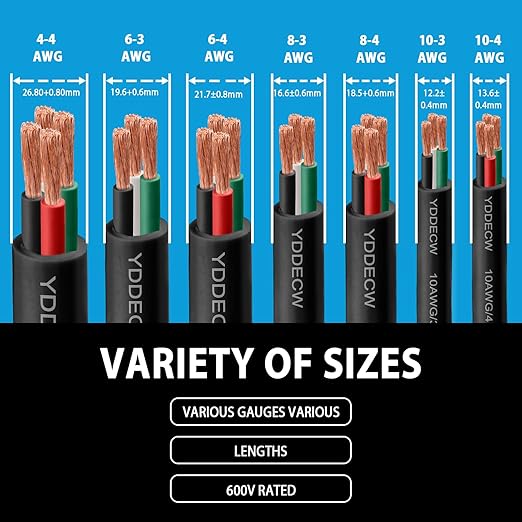 75ft 8/3 8 AWG Portable Power Cable (3 Conductor) - SOOW 600V 8 Gauge Electric Wire for Motor Leads, Portable Lights, Battery Chargers and Machinery - 3 Conductor - 75 Feet Electrical Cord