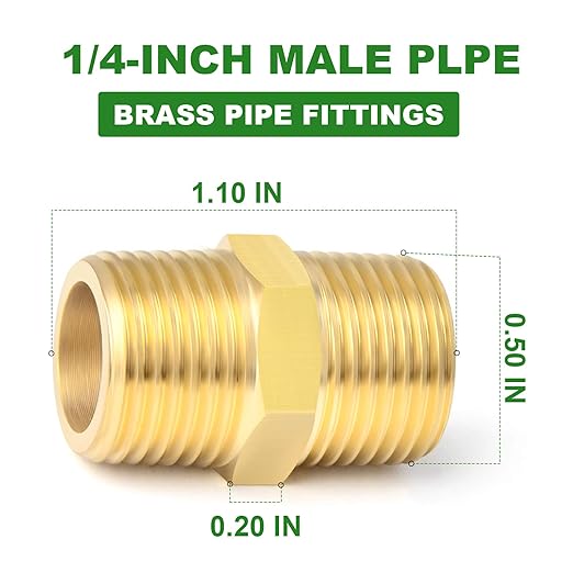 TAISHER 2PCS Brass Pipe Fitting Adapter, Hex Nipple,1/4-Inch Male Pipe x 1/4-Inch Male Pipe