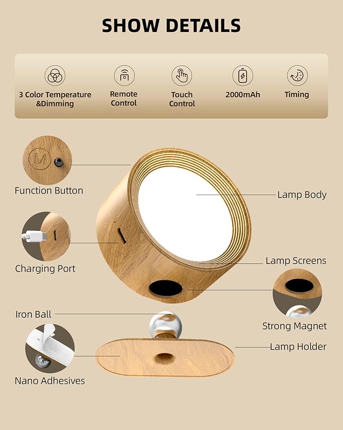 LED Wall Mounted Lights, Rechargeable Wall Sconces Lamp, 3 Color Temps & Remote and Touch, 360°Rotation Dimmable Cordless Wall Light for Study Bedroom Reading Bedside(Wood, 1 Pack)