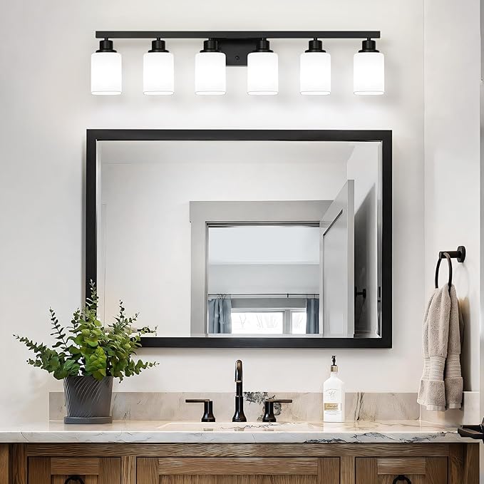 6 Light Bathroom Vanity Light, Modern Matte Black Bathroom Light Fixtures with Square Frosted Glass, Wall Sconces fixtures Over Mirror Restroom,Living Room Hallway E26