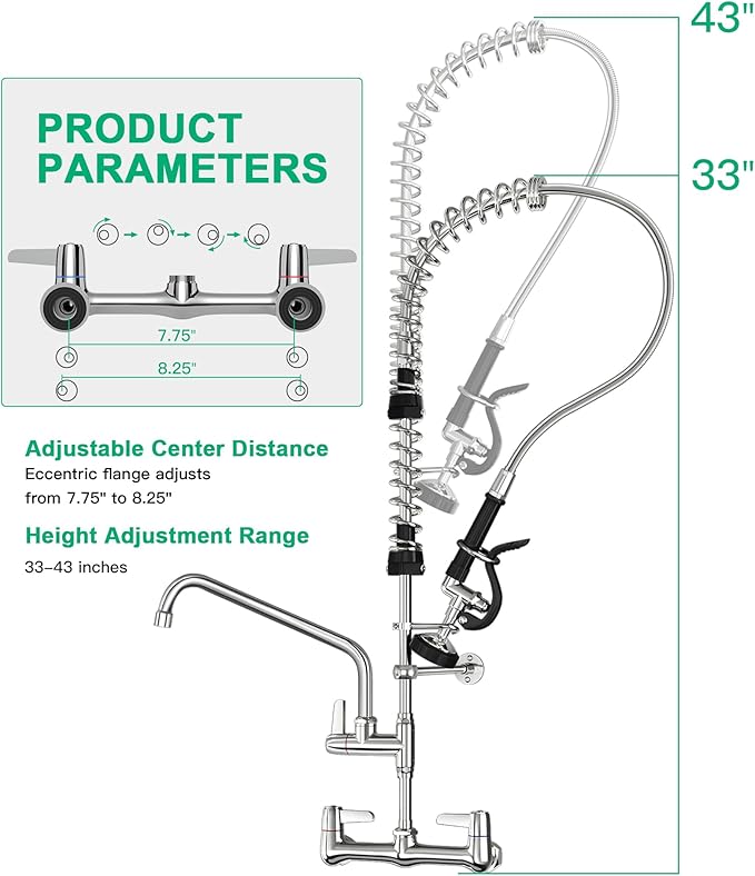 Commercial Sink Faucet with Pre-Rinse Sprayer -Height Adjustable (33-43 inch) Wall Mount Industrial Kitchen Faucet 8 inch Center with Pre-Rinse Sprayer and 12 Inch Swivel Spout