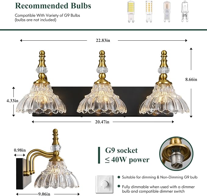 Vintage Bathroom Vanity Light, 3-Light Black Gold Vanity Lighting Fixture with Flower Glass Shade, Bathroom Lighting Fixtures Over Mirror