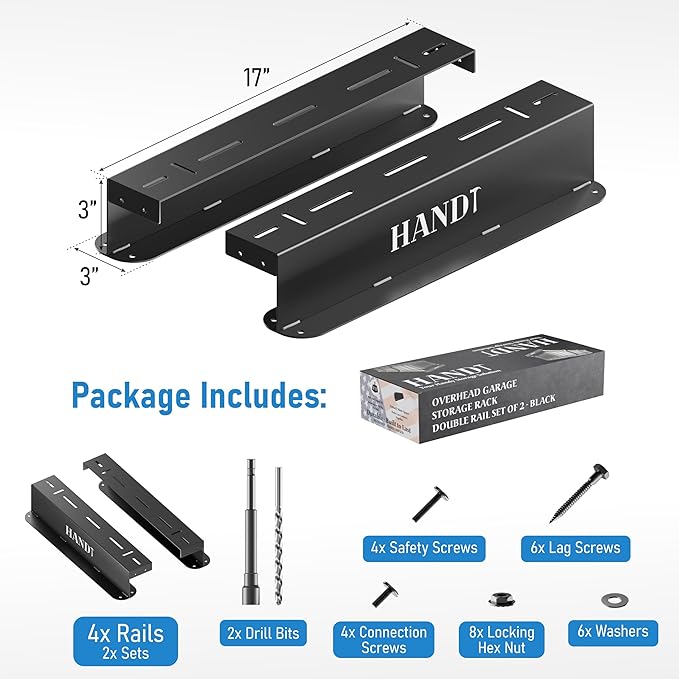 HANDT Overhead Garage Storage Rack, Connectable Heavy Duty Metal Ceiling Rails For Garage Storage Organization Shelving System, Hanging Racks For Tote Containers, Supports Up To 3 Bins, 2 Sets Black