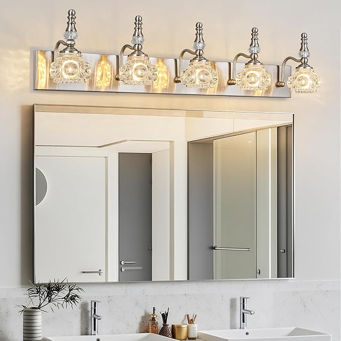 Modern Glass Crystal Vanity Light - Vintage Bathroom Lighting Fixtures Over Mirror, 5 Light Vanity Lights G9 Bulb (35.43 Inch, Nickel)