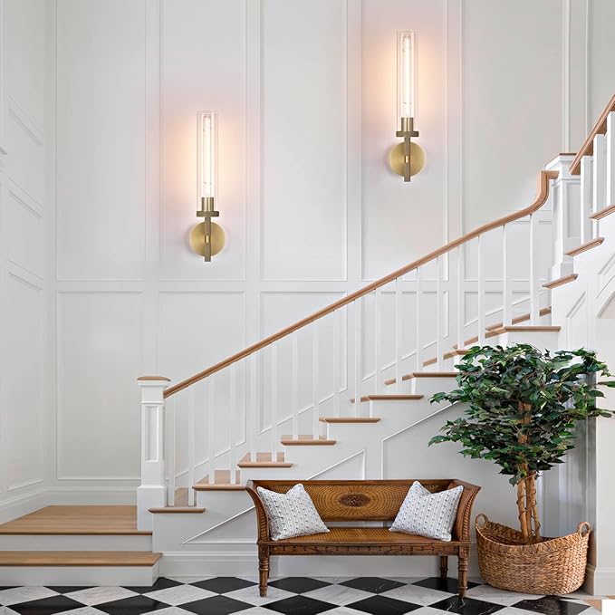 Modern Brass Hardwired Wall Sconces 2 Pack, 21'' Knurled Bathroom Wall Sconce, Indoor Wall Sconce,Copper and Tube Glass Vanity Light, for Living, Bedroom, Hallway, Staircases, Include Bulbs