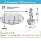QSJ 120PCS #8 x 1/2'' Sheet Metal Screws 410 Stainless Steel Hex Washer Head Fast Self Tapping Screws with Screwdriver Bit Silver