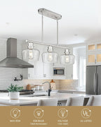 Emak 32 Inch Dining Room Light Fixtures Over Table, Brushed Nickel Kitchen Island Lighting with Seeded Glass Shade, 3-Light Linear Chandelier Light for Kitchen Island, Dining Room, Bar, IL122-BN-SG-3