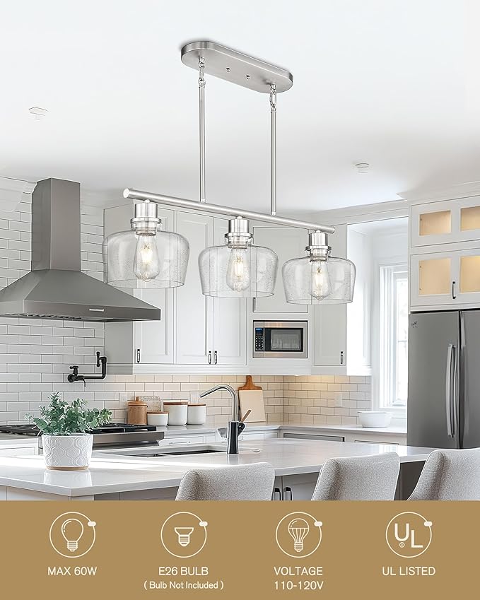 Emak 32 Inch Dining Room Light Fixtures Over Table, Brushed Nickel Kitchen Island Lighting with Seeded Glass Shade, 3-Light Linear Chandelier Light for Kitchen Island, Dining Room, Bar, IL122-BN-SG-3