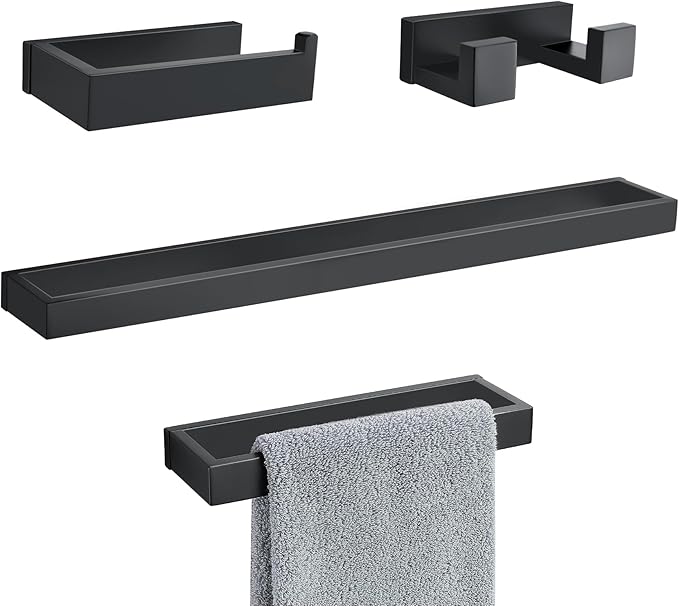 Lairuier 4-Piece Bath Towel Bar Set, Matte Black Bathroom Hardware Set Including Towel Bar,Towel Holder, Toilet Paper Holder, Towel Hook,Stainless Steel Bathroom Hardware Accessories Set