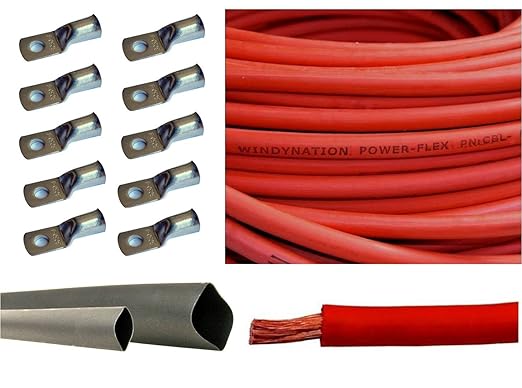 4/0 Gauge 4/0 AWG Red 10 Feet Welding Battery Pure Copper Flexible Cable + 10pcs of 3/8" Tinned Copper Cable Lug Terminal Connectors + 3 Feet Black Heat Shrink Tubing