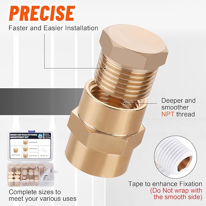 24 PCS Brass Hex Pipe Plug Fittings Kits 1/8" 1/4" 3/8" 1/2" NTP Brass Plug Male Threaded