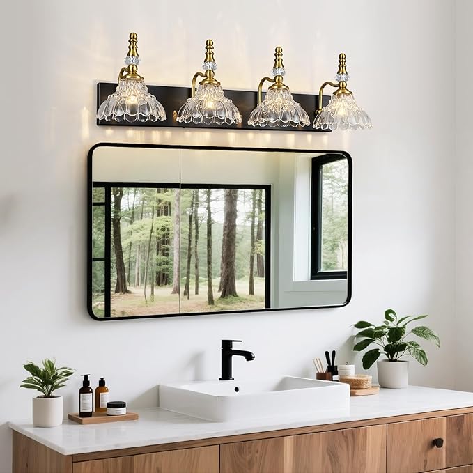 Vintage Bathroom Vanity Light, 4-Light Black Gold Vanity Lighting Fixture with Flower Glass Shade, Bathroom Lighting Fixtures Over Mirror