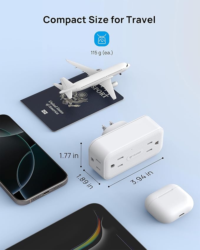 TROND 360 Rotating Outlet Extender 2 Pack, 4 AC Plug Adapter, 900 Joules Surge Protection, 3 Way Charging Station, Multi Plug Wall Outlet for Home Office Travel Dorm Essentials, White