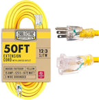 12 Gauge Outdoor Extension Cord 50 ft, 12/3 Heavy Duty Extension Cord 3 Prong Lighted End 50 Foot, SJTW Weatherproof Industrial Electrical Cable for Major Appliances, Proudly American Brand