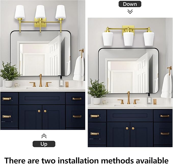 Bathroom Vanity Light Fixtures Brushed Brass Over Mirror with Milk Glass Shade Wall Sconce Lighting Lamp Bath 3-Lights (Exclude E26 Bulb)