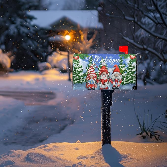 Winter Gnome Welcome Mailbox Covers Magnetic Lrage Size Pine Tree Mailbox Post Cover Snowflake Mailbox Wraps Oversized Waterproof Xmas Decor for Yard Garden 21 X 25.5 Inch